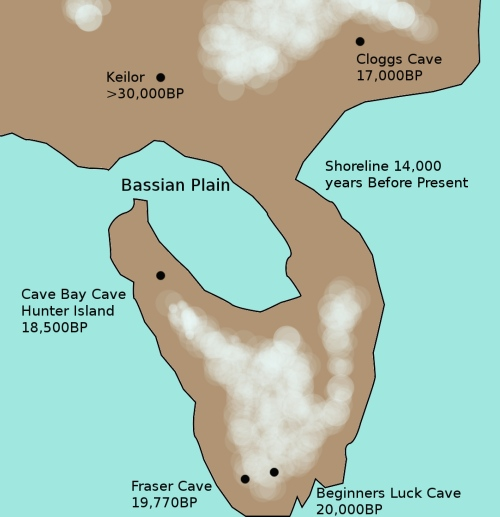 The shoreline of Tasmania and Victoria about 14,000 years ago, as sea levels were rising, showing some human archaeological sites.