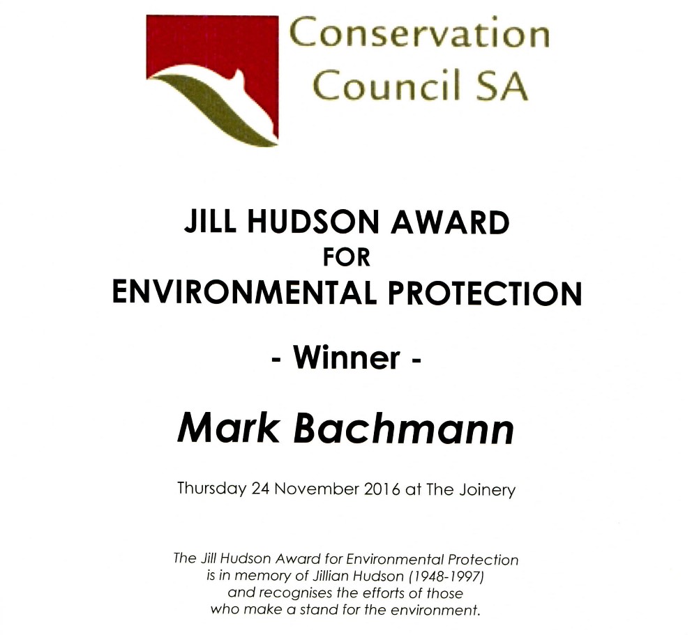 2016 Jill Hudson Award Certificate